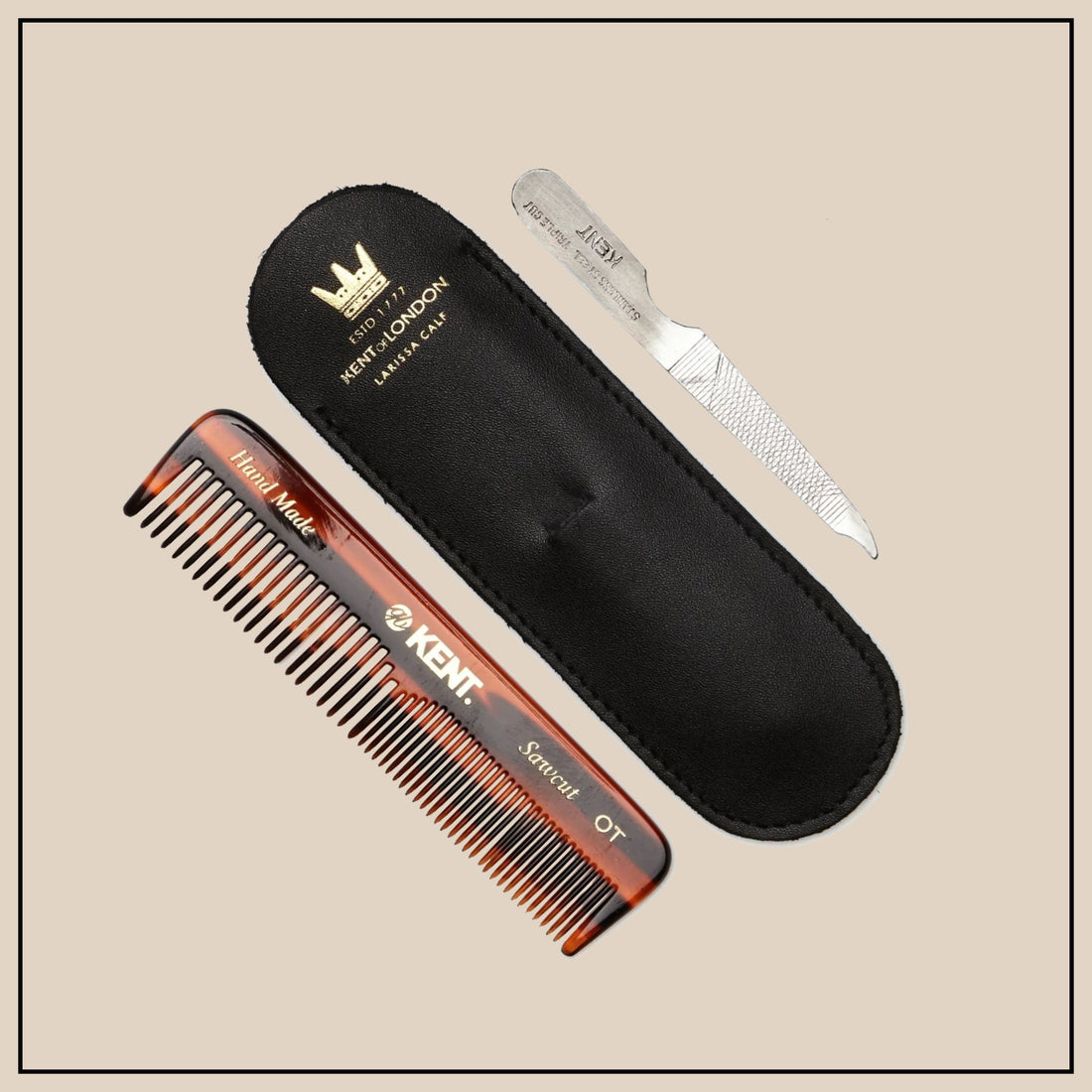 KENT 113mm Comb w/ Leather Case & Emery Fine Hair NU19