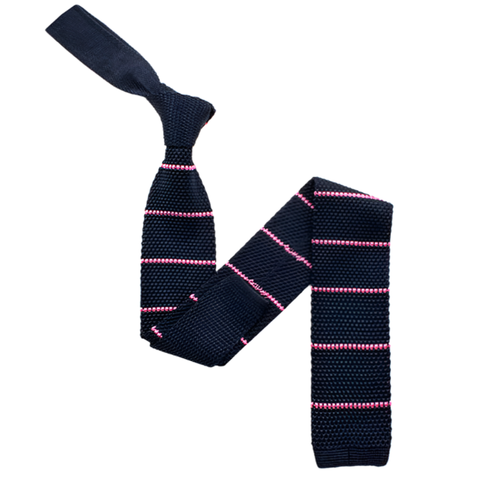 Knitted Silk Tie - Navy & Pink Stripe