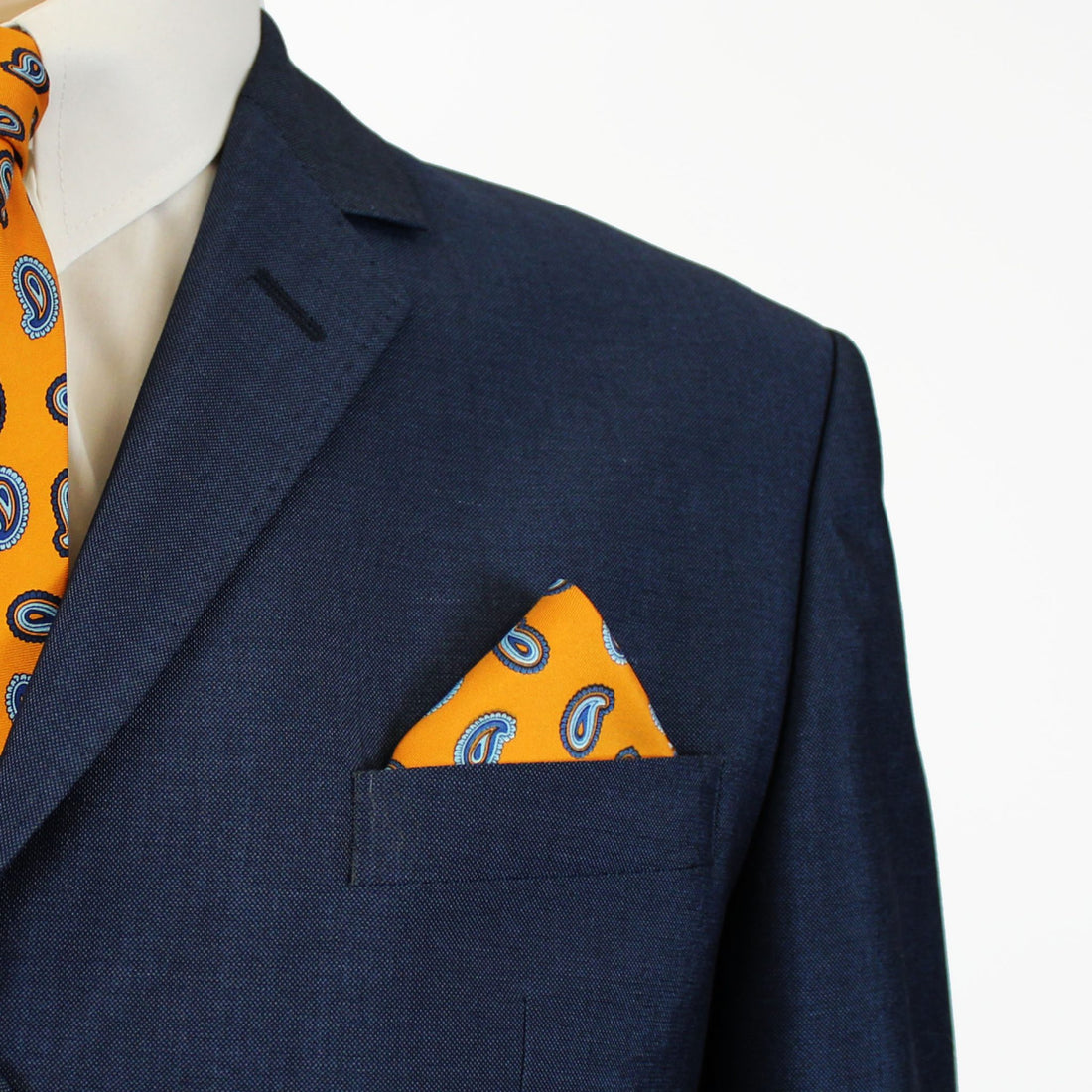 Knightsbridge Silk Pocket Square - Mustard/Sky Paisley