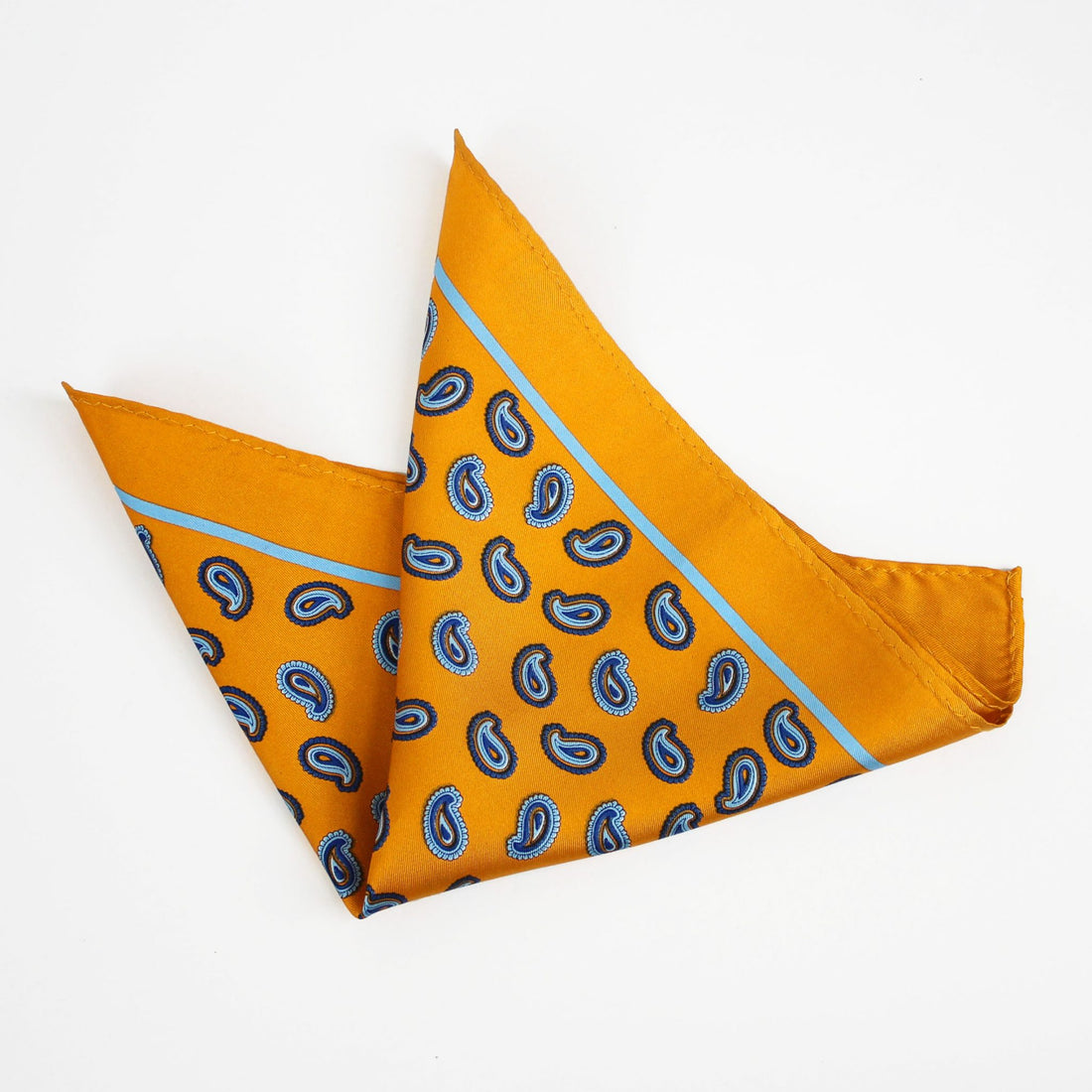 Knightsbridge Silk Pocket Square - Mustard/Sky Paisley