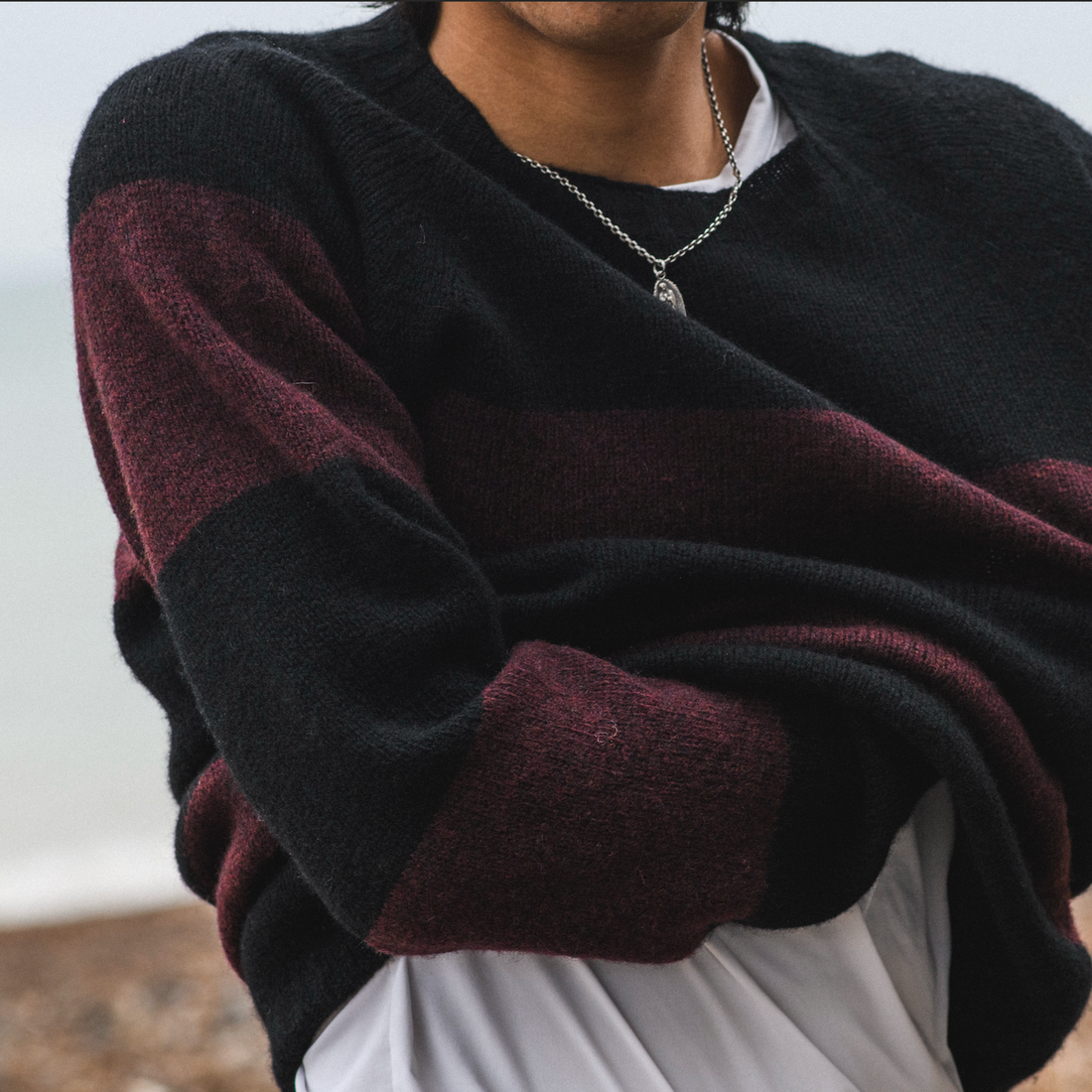 Shetland Striped Knit Jumper - Black/Beetroot