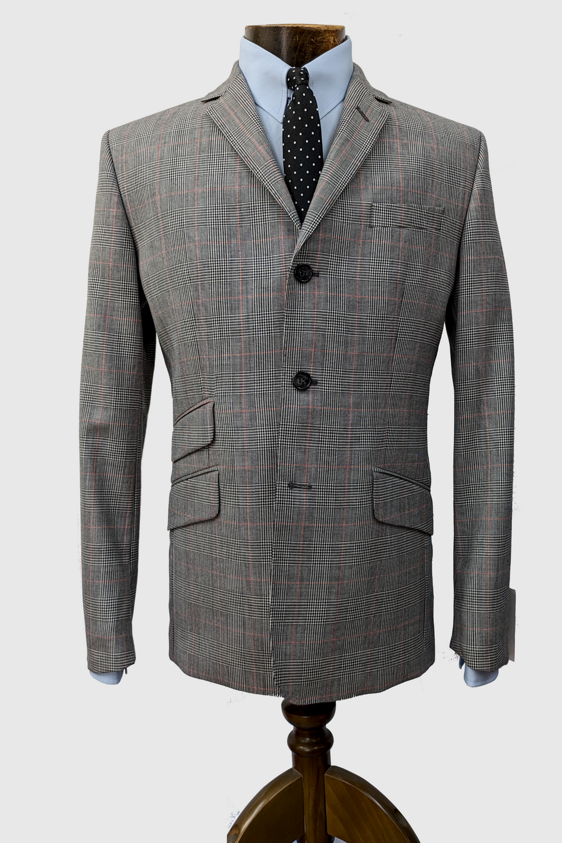 Three Button Suit - Grey Prince Of Wales With Red Overcheck