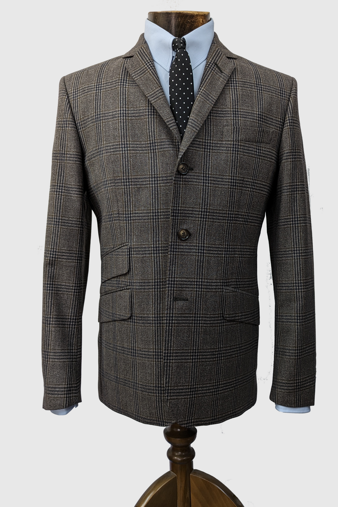 Three Button Suit - Brown With Navy/Olive Overcheck