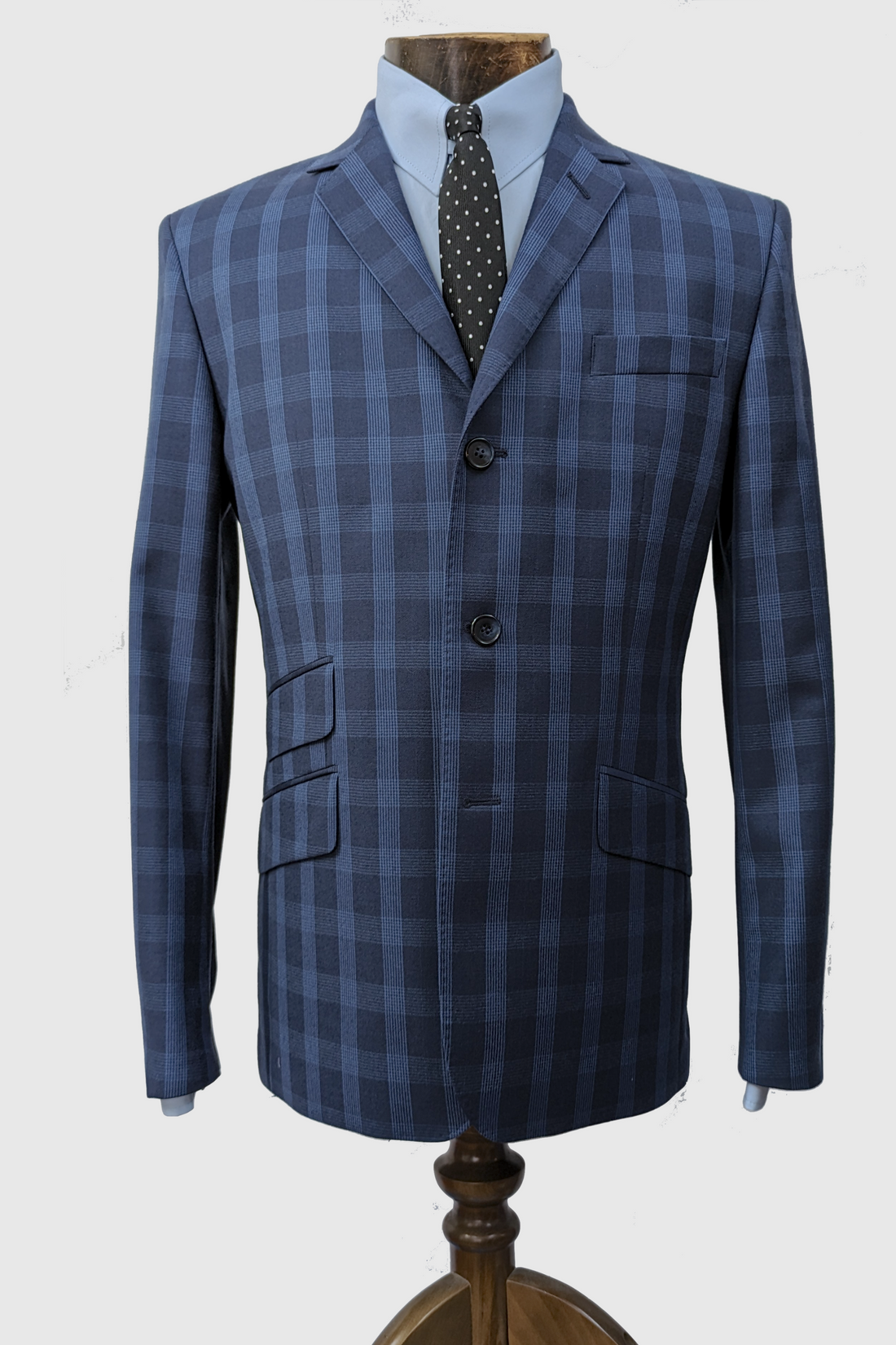 Three Button Suit - Navy/Sky Overcheck Superfine Wool