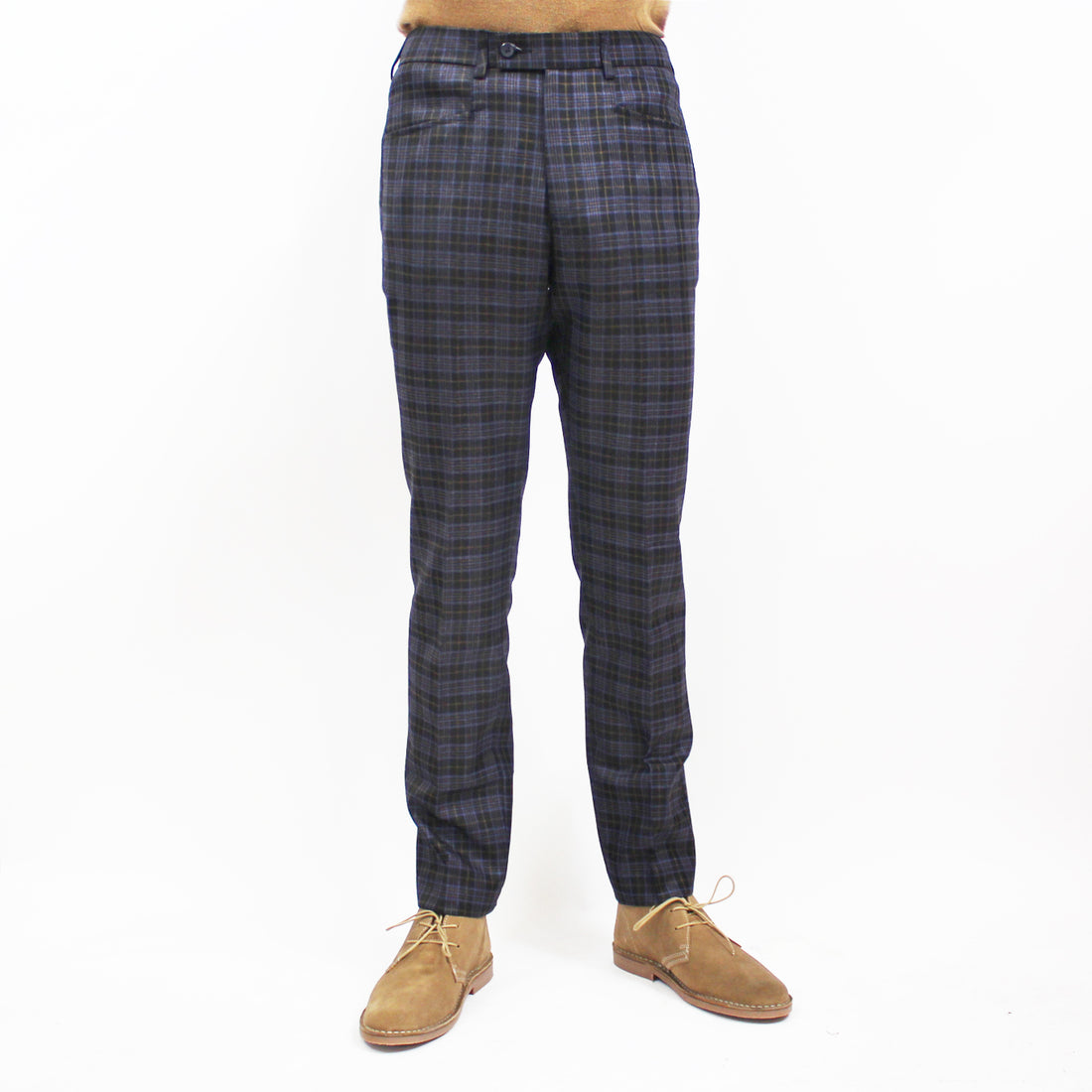 Sta Prest Trousers - Navy Prince of Wales Black With Sky Overcheck