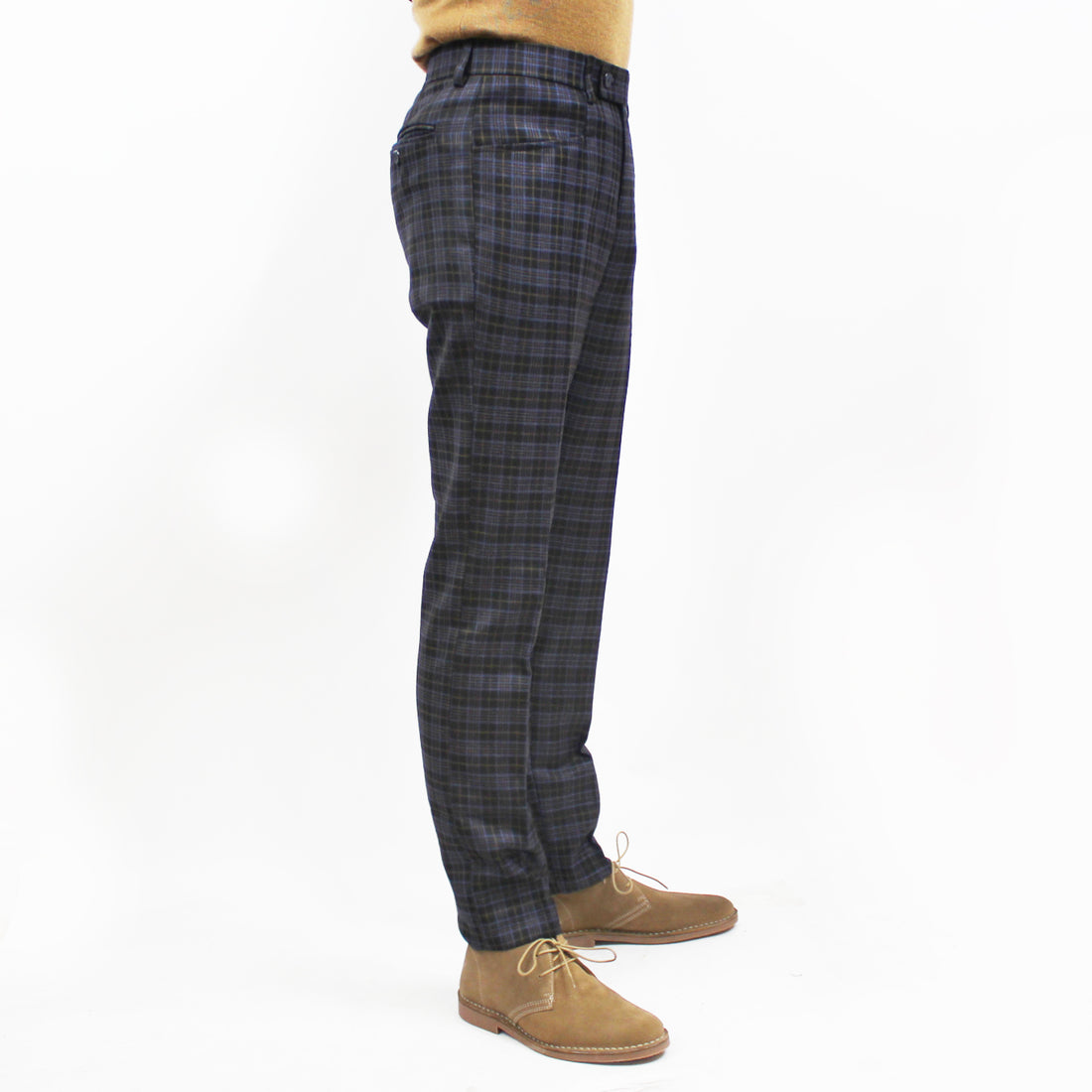 Sta Prest Trousers - Navy Prince of Wales Black With Sky Overcheck